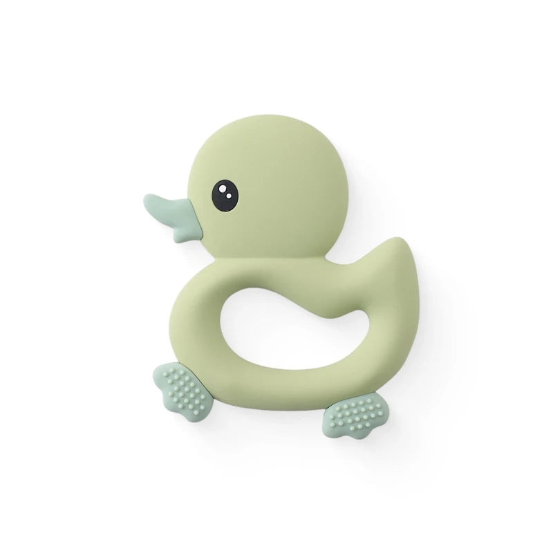 Sage green duck silicone baby teething toy for soothing sore gums.