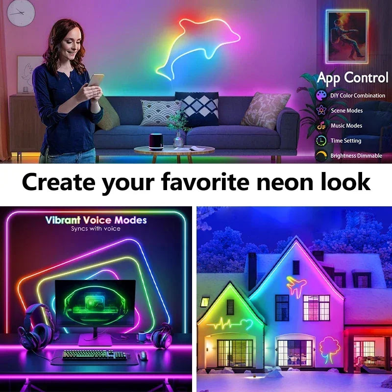 DC24V RGB LED Neon Rope Lights App Remote Control Waterproof Neon Light Strip Flexible Led Strip Lights for Indoor Outdoor Decor