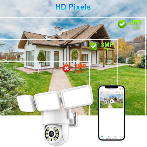 WiFi PTZ floodlight camera with multiple LED light heads and smartphone viewing