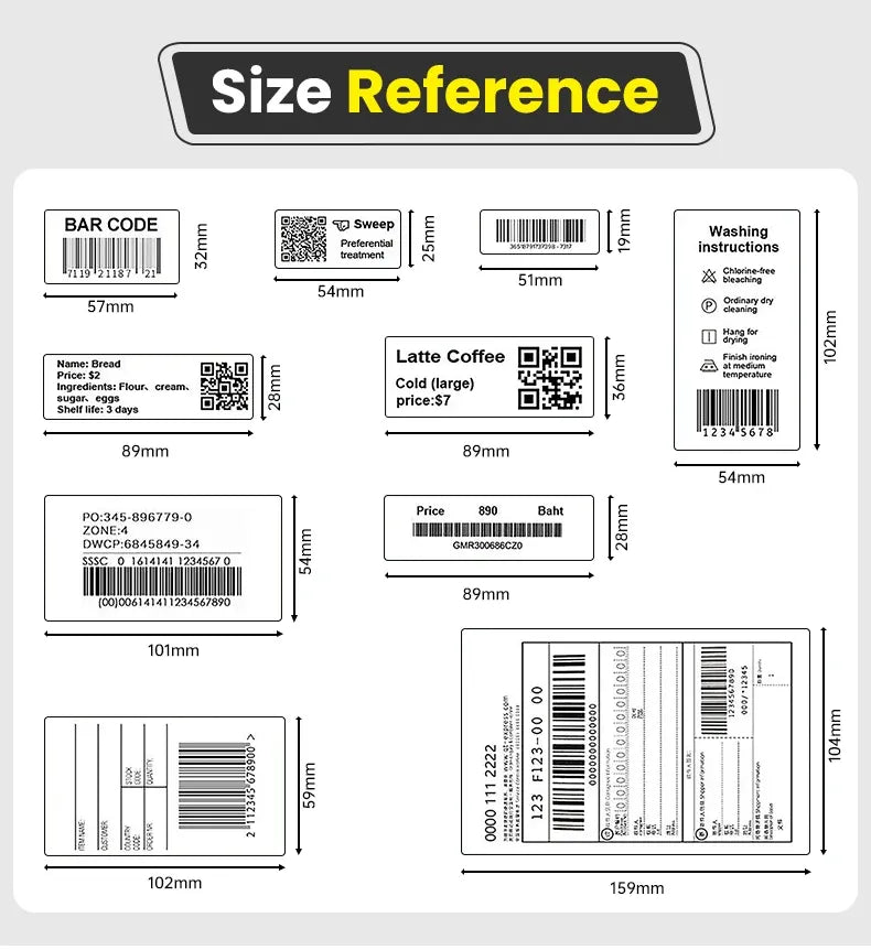 Barcode label size reference diagram with measurements for 57x32mm labels