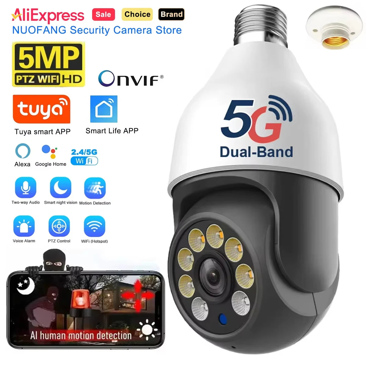 5MP HD Tuya WiFi IP Camera Outdoor Waterproof AI Human Detection ONVIF Smart Wireless CCTV Security Surveillance Outdoor Cam