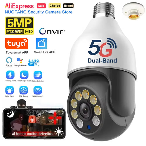 5MP dual-band WiFi PTZ outdoor security camera with ONVIF and 5G branding