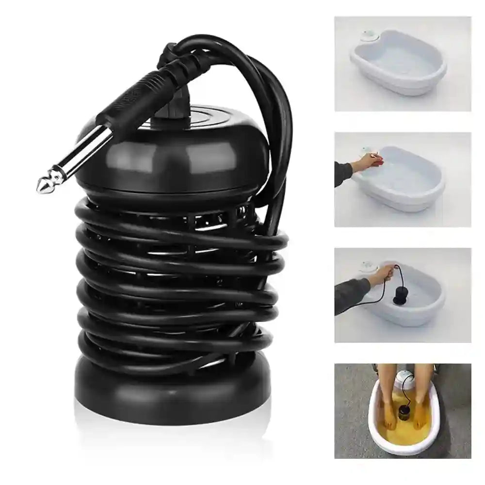 Black ionic detox foot bath array with cable for spa machine cleanse and relaxation, shown with basin usage steps.