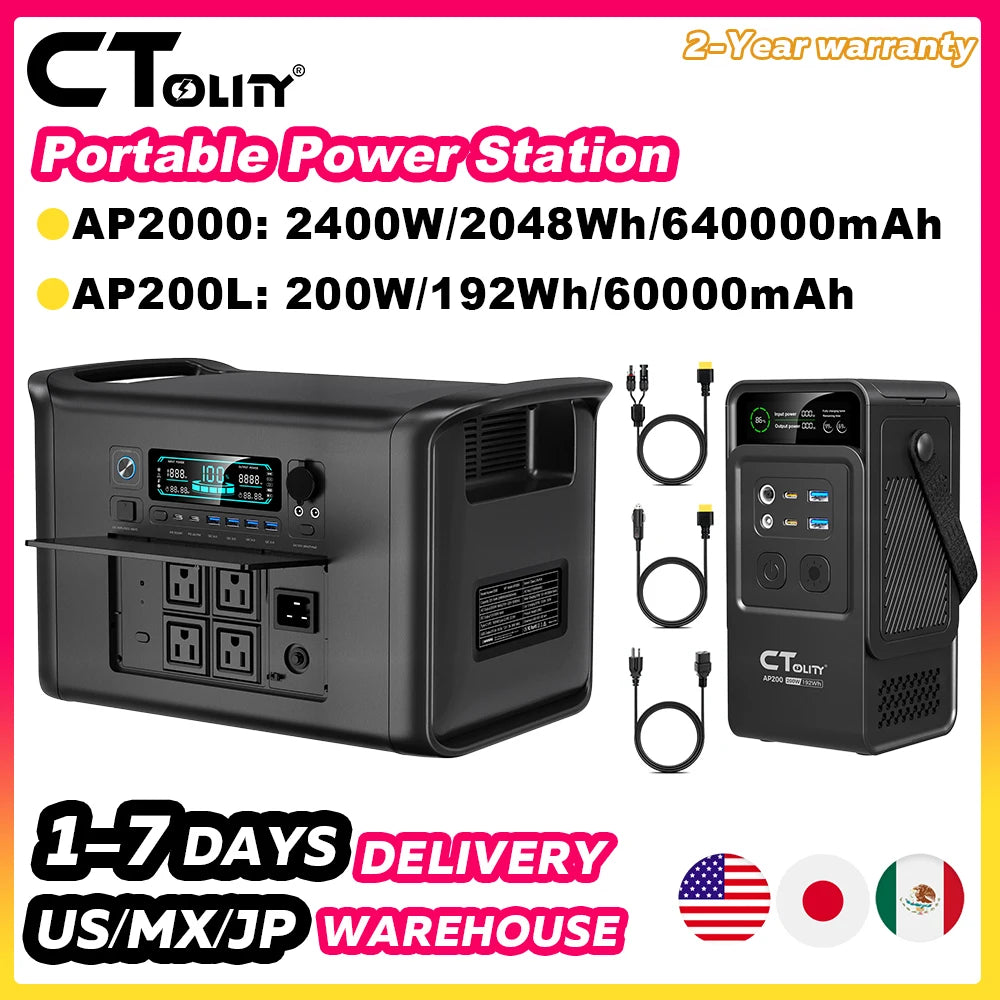 CTOLITY 2400W 200W Power Station Outdoor Camping Portable 2048Wh Solar Generator LiFePO4 Battery 110V 192Wh Power Bank Home Backup Power Supply Emergency Battery