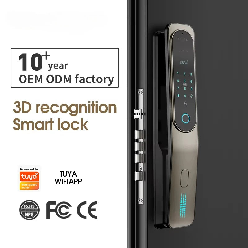Electric Tuya App 3D Face Recognition Smart Doorlock Fingerprint Biometric Password Full Automatic Wifi Door Lock with Camera