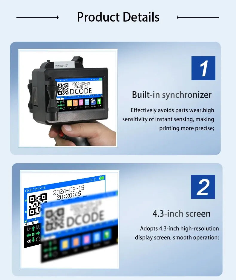 Handheld inkjet printer with LCD screen showing QR, date, and batch coding layout