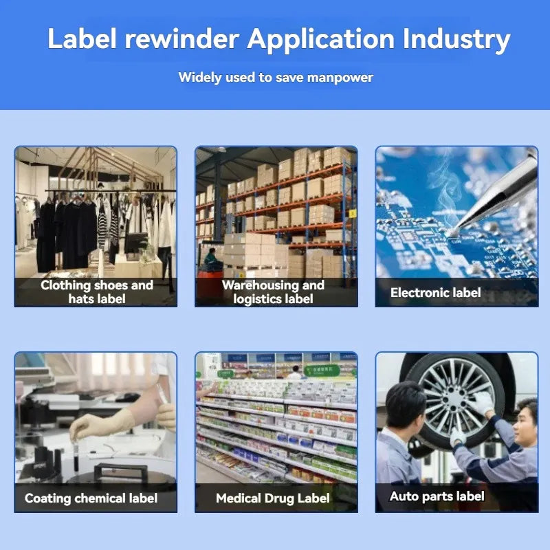 Label rewinder with white label roll on dual reels shown in industry application layout