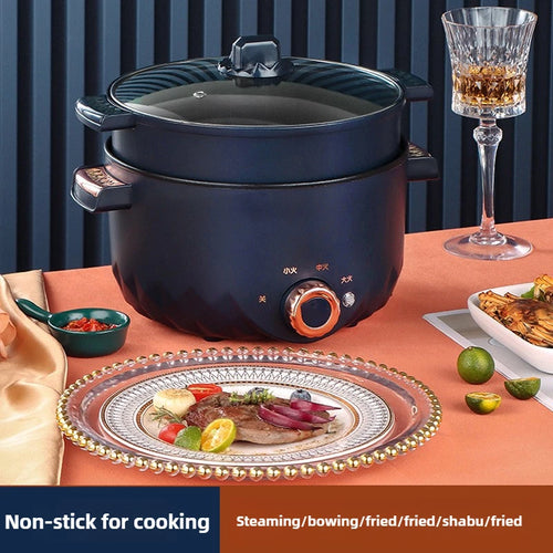 Non-stick electric hot pot multi cooker with glass lid and orange control knob