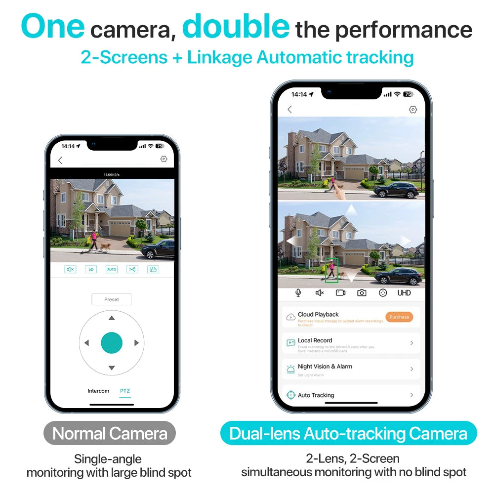 Outdoor Wifi PTZ Camera 4K 8MP HD Dual-Lens Dual Screen Camera AI Auto Tracking 4MP Video Surveillance Police Light Alarm iCSee