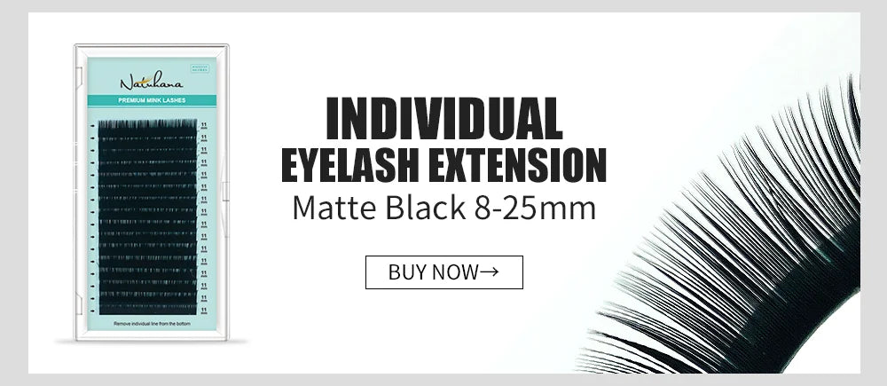 Matte black individual eyelash extensions in a tray, with a close-up of long, dark, premium mink lashes.