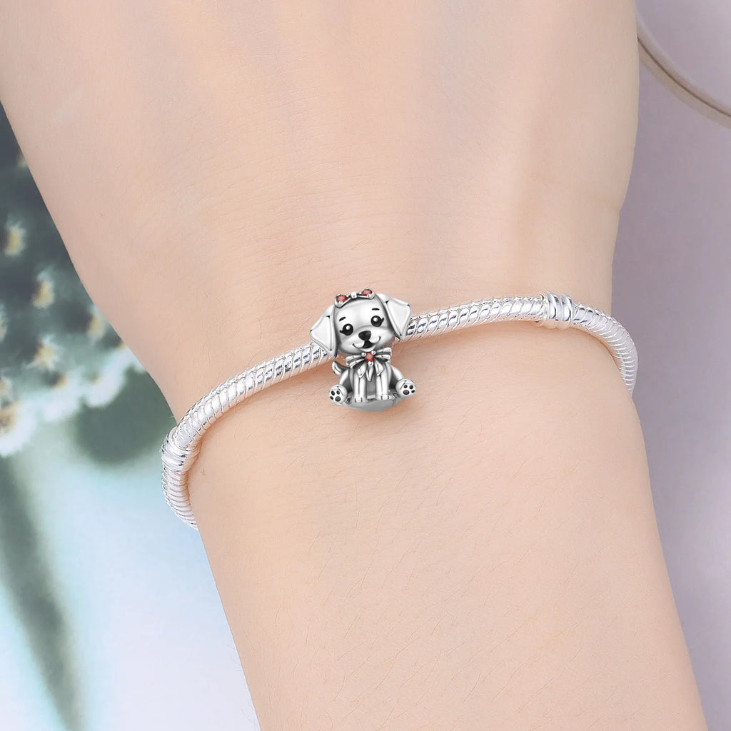 Cute dog charm in 925 sterling silver on a bracelet, perfect for pet lovers and DIY jewelry gift designs.