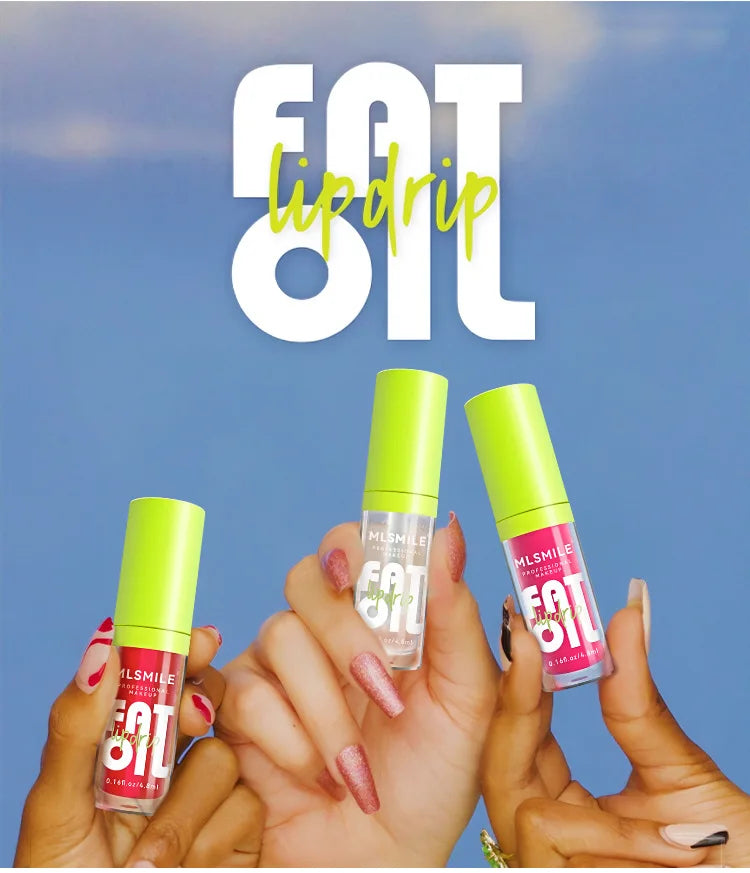 Three MLSmile moisturizing glitter lip plumper oils with bright green caps held against a blue background.