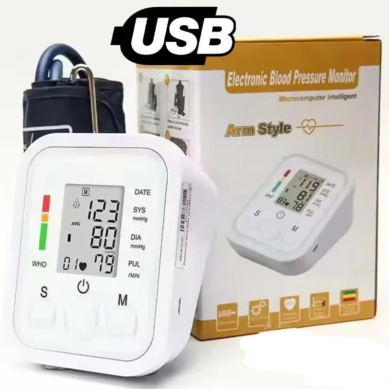 Arm Blood Pressure Monitor LCD Pressure Sensor Monitor BP Automatic Tonometer Digital Tensiometer LED Display Cuff Heart