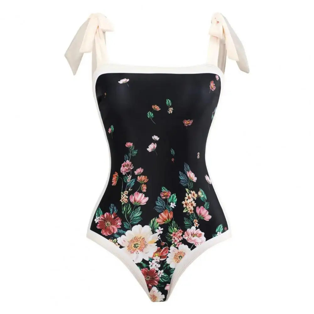 2Pcs/Set Women Monokini Suit Vintage Print One-Piece Square Neck Tie Swimsuit With Skirt Sling Lady Swimsuit With Beach Cover Up
