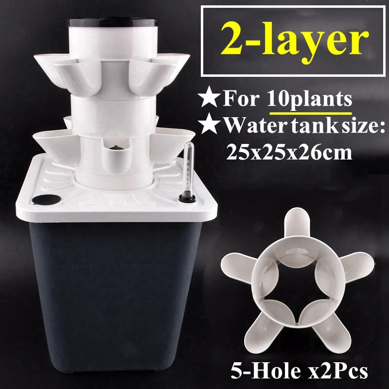 White 2-layer hydroponic tower planter base with 5-hole cups, two pieces