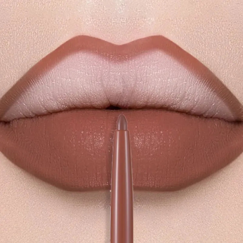 Waterproof matte lip liner pen in a brown nude shade creating a smooth, velvety finish on defined lips.