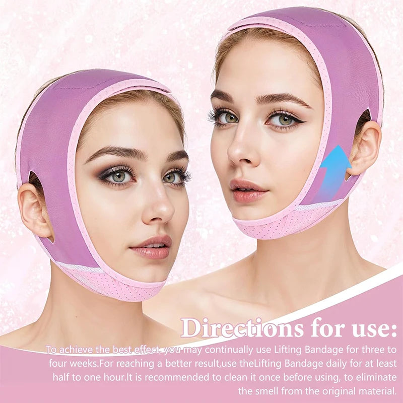 A woman wears a purple and pink V-line face slimming bandage strap with ear cutouts on a light pink background.
