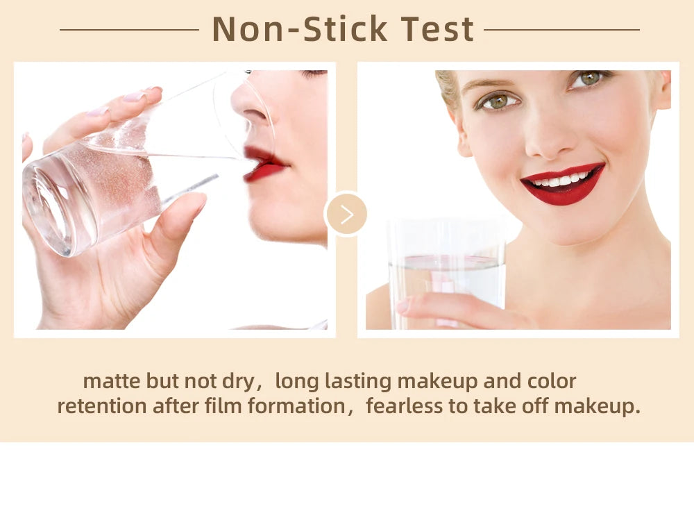 QIBEST long-lasting red matte liquid lipstick non-stick cup test on model. Waterproof velvet lip makeup.