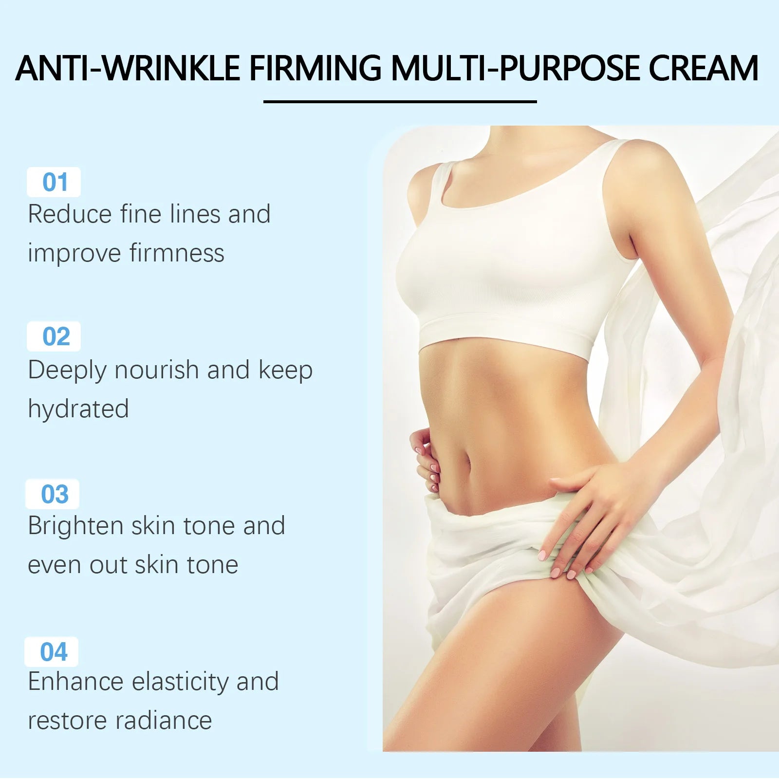 Anti-wrinkle firming multi-purpose cream product panel with numbered benefits list