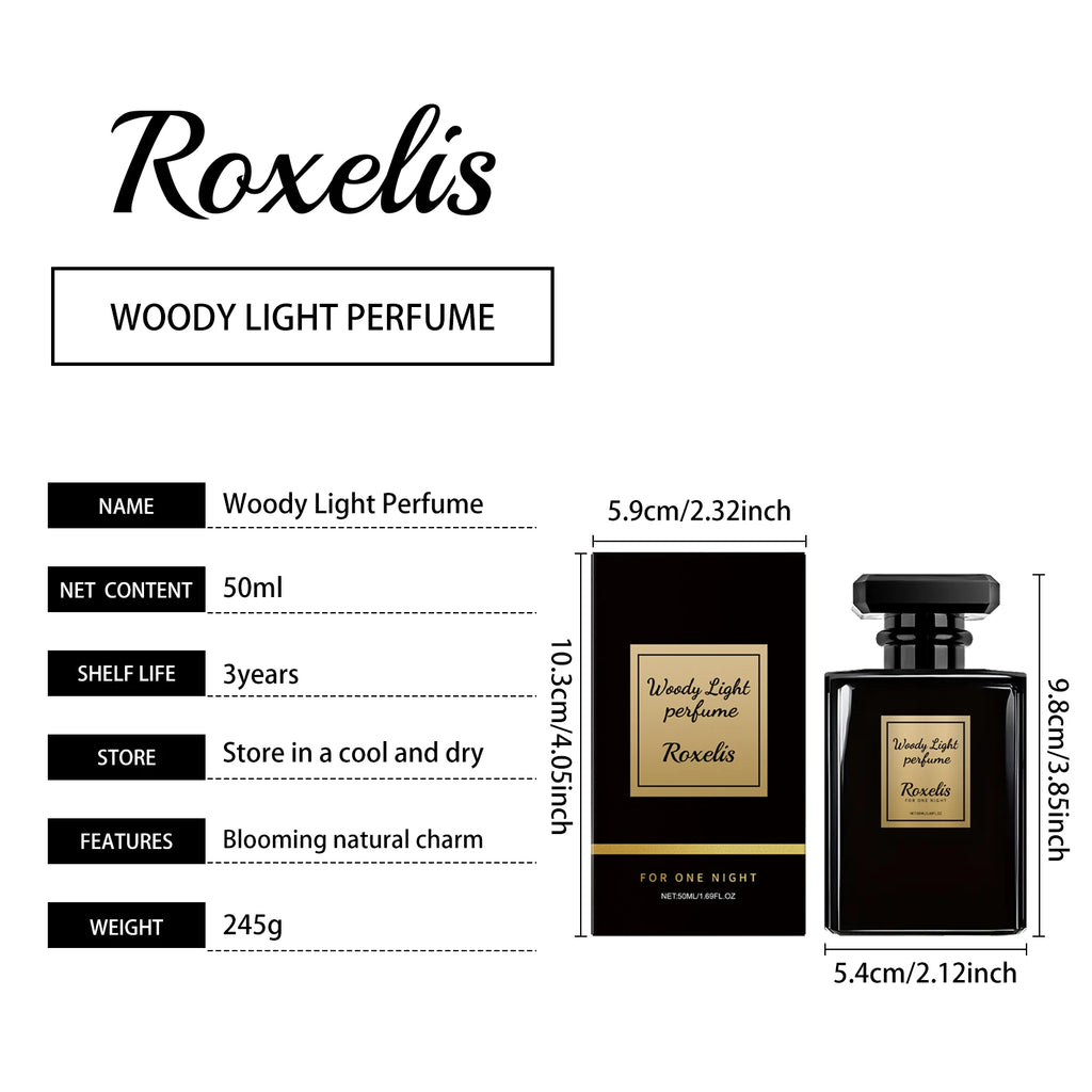Roxelis Woody Light cologne for men: 50ml square black glass bottle with woody scent, elegant and long-lasting aroma.