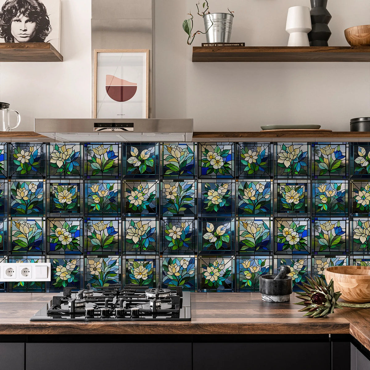 Blue, green, and yellow tile-pattern self-adhesive wallpaper with leafy floral square tiles