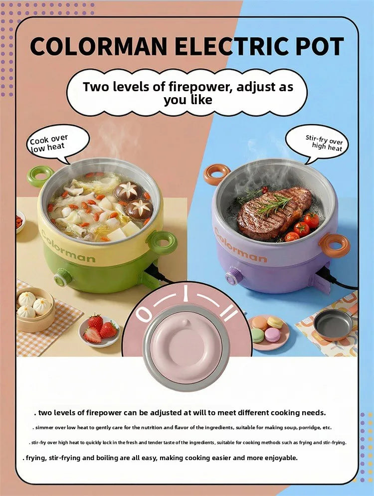 Colorman electric pot with adjustable two firepower levels, dual-handle cooking insert