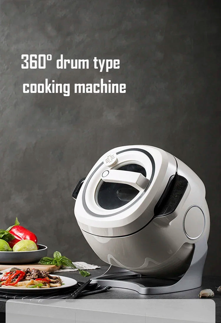 360-degree drum cooking machine with lid, white body on raised base