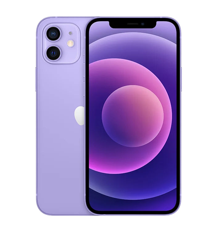 Purple iPhone 12, unlocked 5G smartphone, front and back view showing dual-camera system and 6.1-inch OLED display.