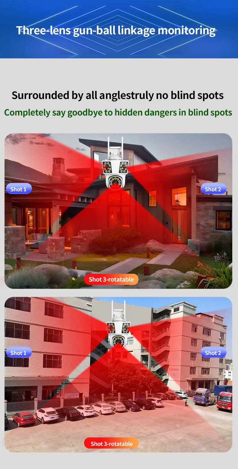 6K 12MP WiFi Outdoor Camera 3 Lens 3 SCREENS Ai Motion Tracking  PTZ 4K Video Camera Security surveillance Camera IPC360 Home