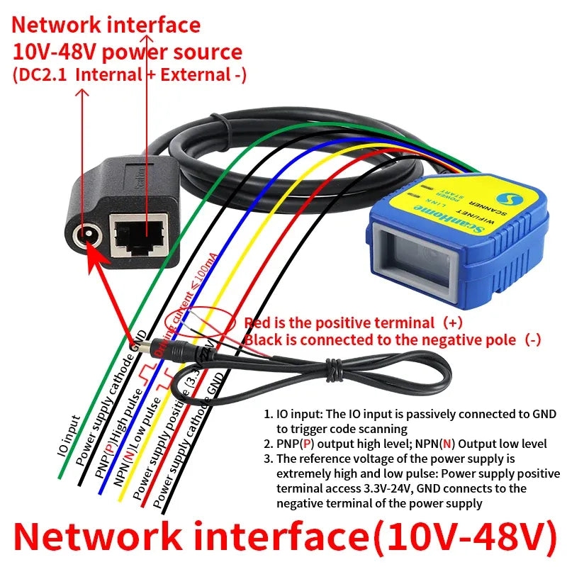 Blue barcode scanner module with network interface and 10-48V power wiring