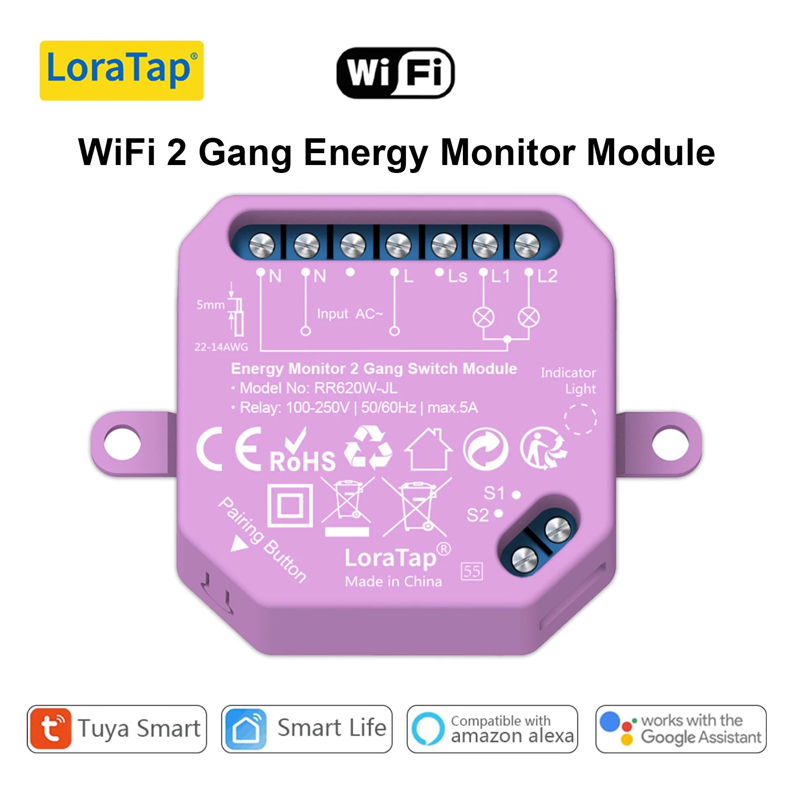 Smart WiFi Light Switch Module for Home Automation - App Controlled Metering 2 Gang Tidesmit