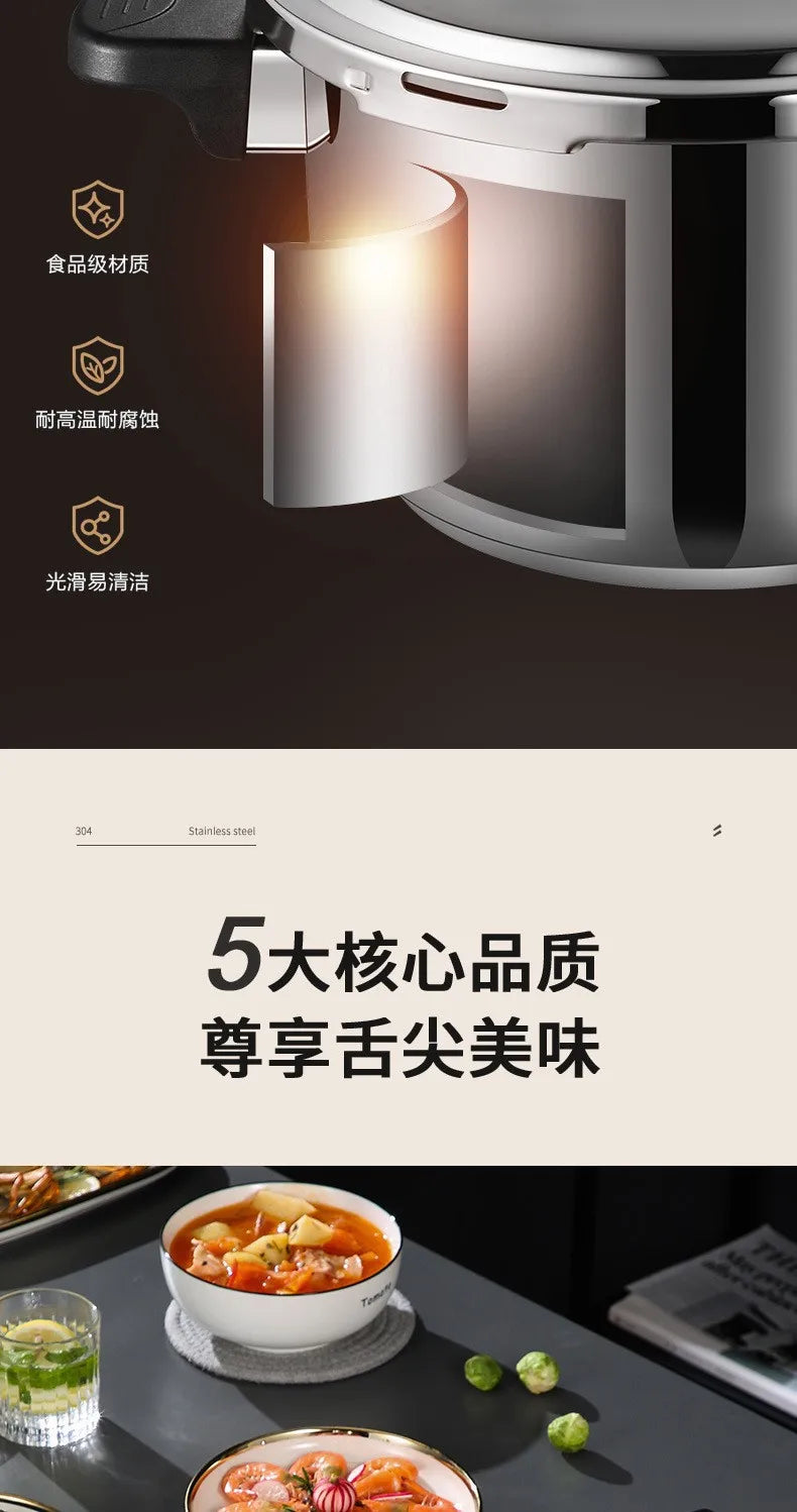 Stainless steel pressure cooker releasing steam from underside vent, lid closed
