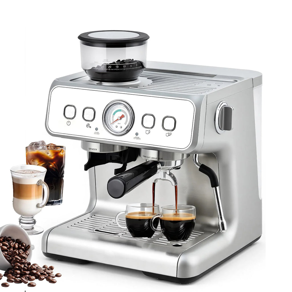 Silver espresso machine with integrated coffee grinder, pressure gauge, and double-cup brewing feature.