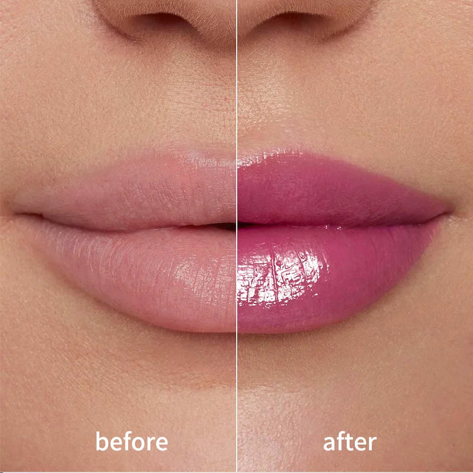 Kulfée long-lasting staining lip oil showing before and after application with a glossy, hydrating pink finish.