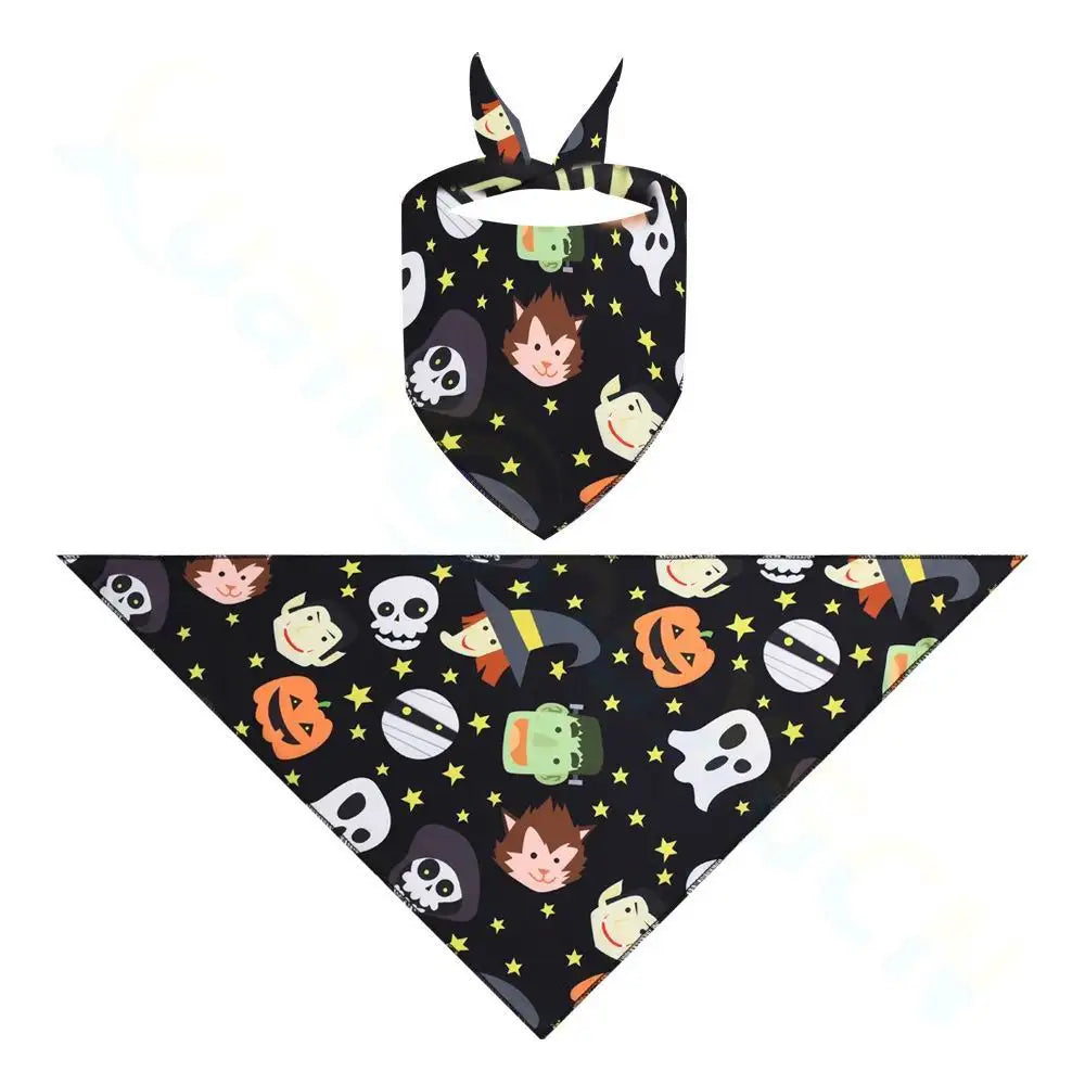 Black Halloween dog and cat bandana with spooky pumpkin and ghost print for festive pet costume decoration.