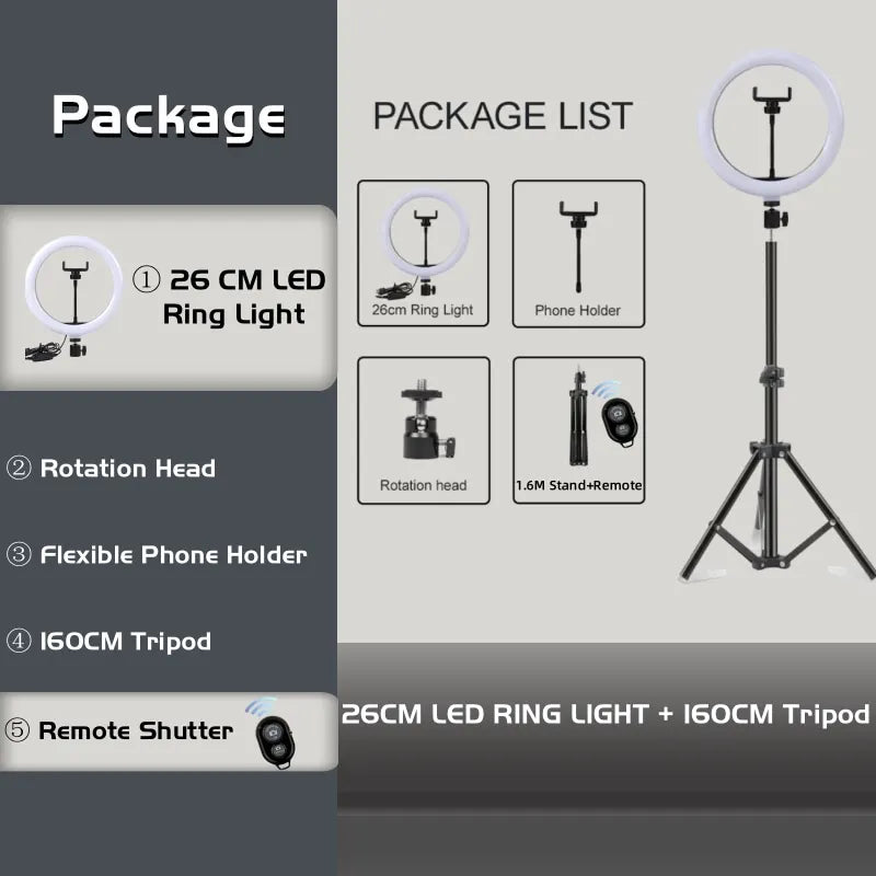 LED Ring Light with Stand 12-Inch | Adjustable Content Creation Lighting 10in Ring BK160cm Tidesmit