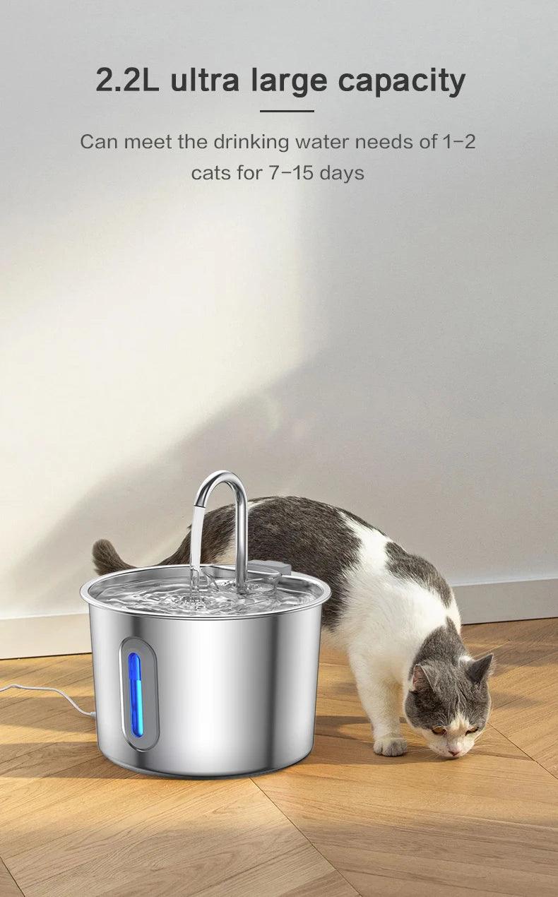 Stainless steel automatic cat water fountain with 2.2L capacity, LED light, and filter for fresh, flowing pet water.
