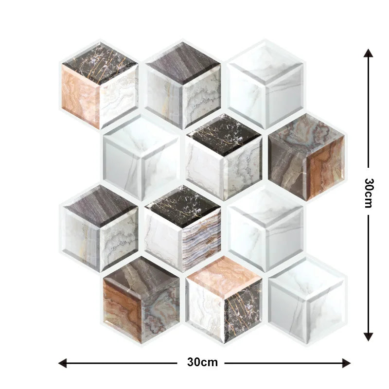 Peel-and-stick hexagon mosaic tiles with marble look in white, gray, and warm beige