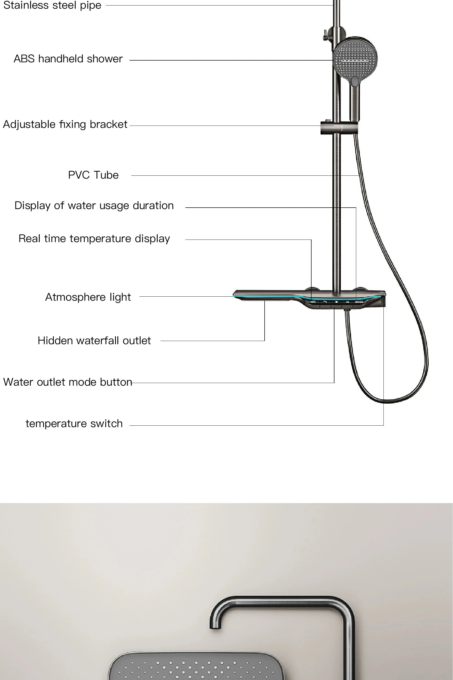 Luxury Brass Gun Gray Shower System Intelligent LED Digital Display Constant Temperature Design, Dual Control Bathroom Faucet