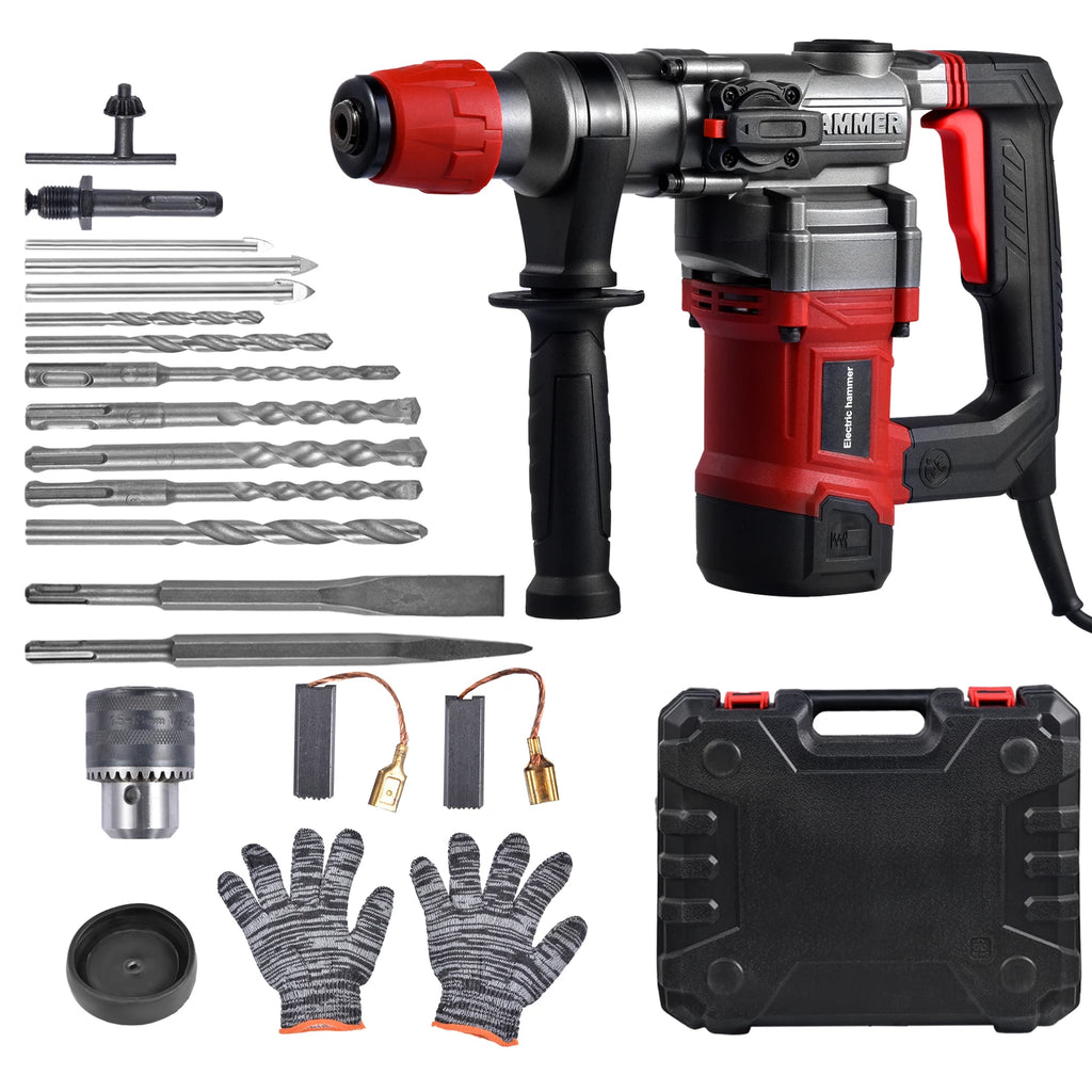 Hammer Drill, 2000W Electric Power Drill for Concrete with Safety Clutch, Vibration Control, 3 Modes Heavy Duty Concrete Tools, Includes Bits, Flat/Point Chisels Set With Case