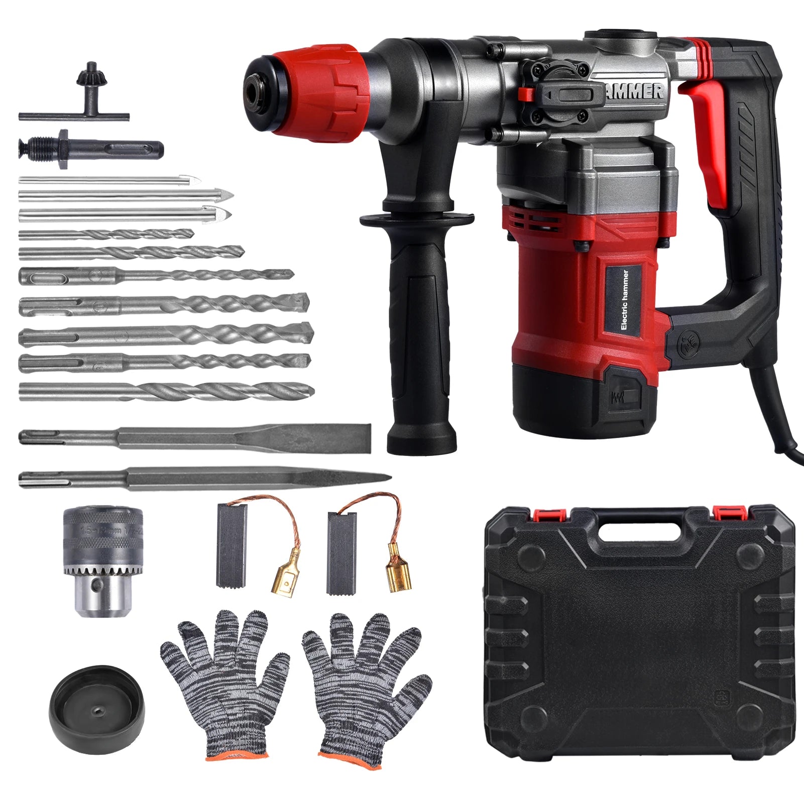 Hammer Drill, 2000W Electric Power Drill for Concrete with Safety Clutch, Vibration Control, 3 Modes Heavy Duty Concrete Tools, Includes Bits, Flat/Point Chisels Set With Case