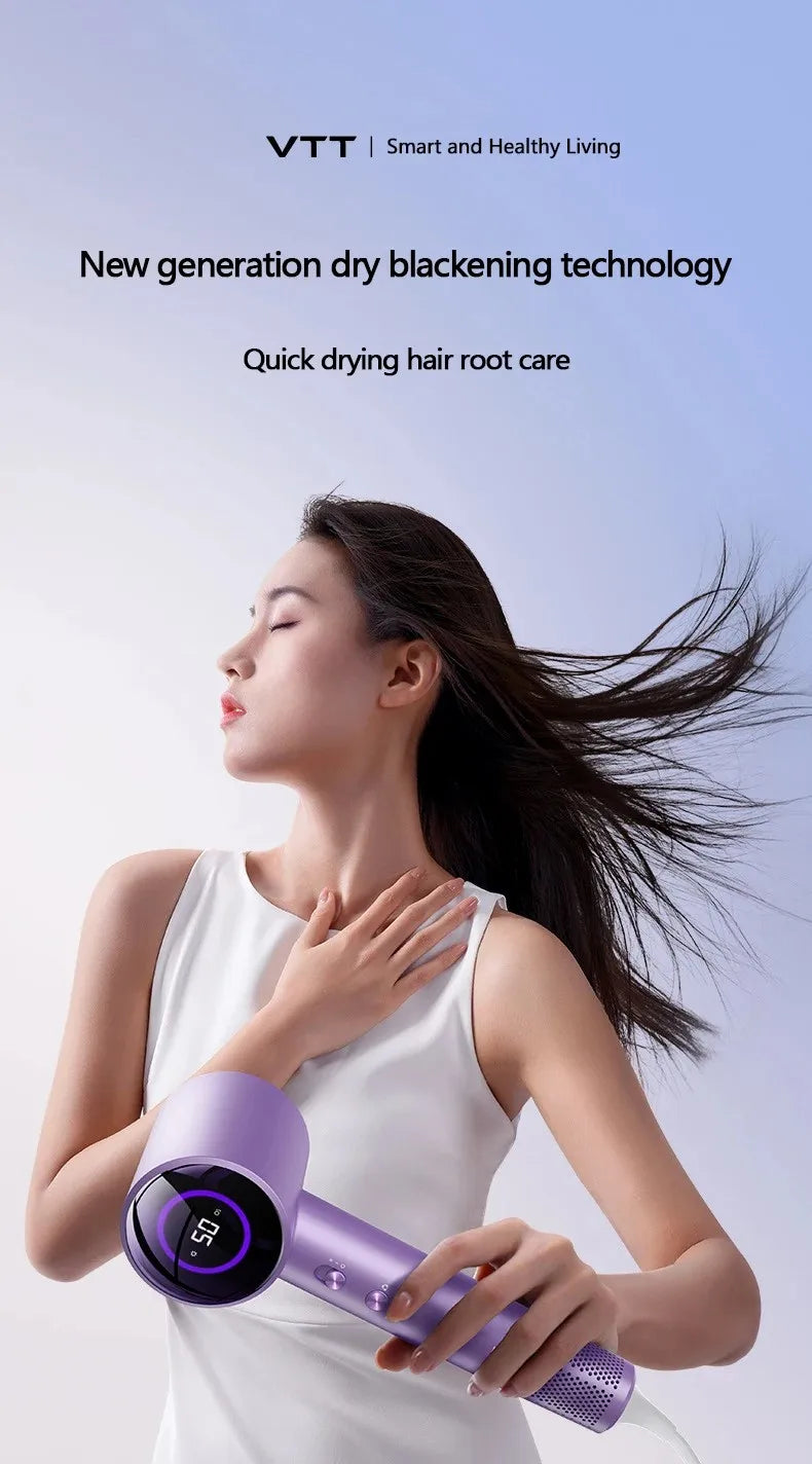 Purple 1600W high-speed ionic hair dryer with LED display, precision nozzle, and heat settings for quick, healthy hair.