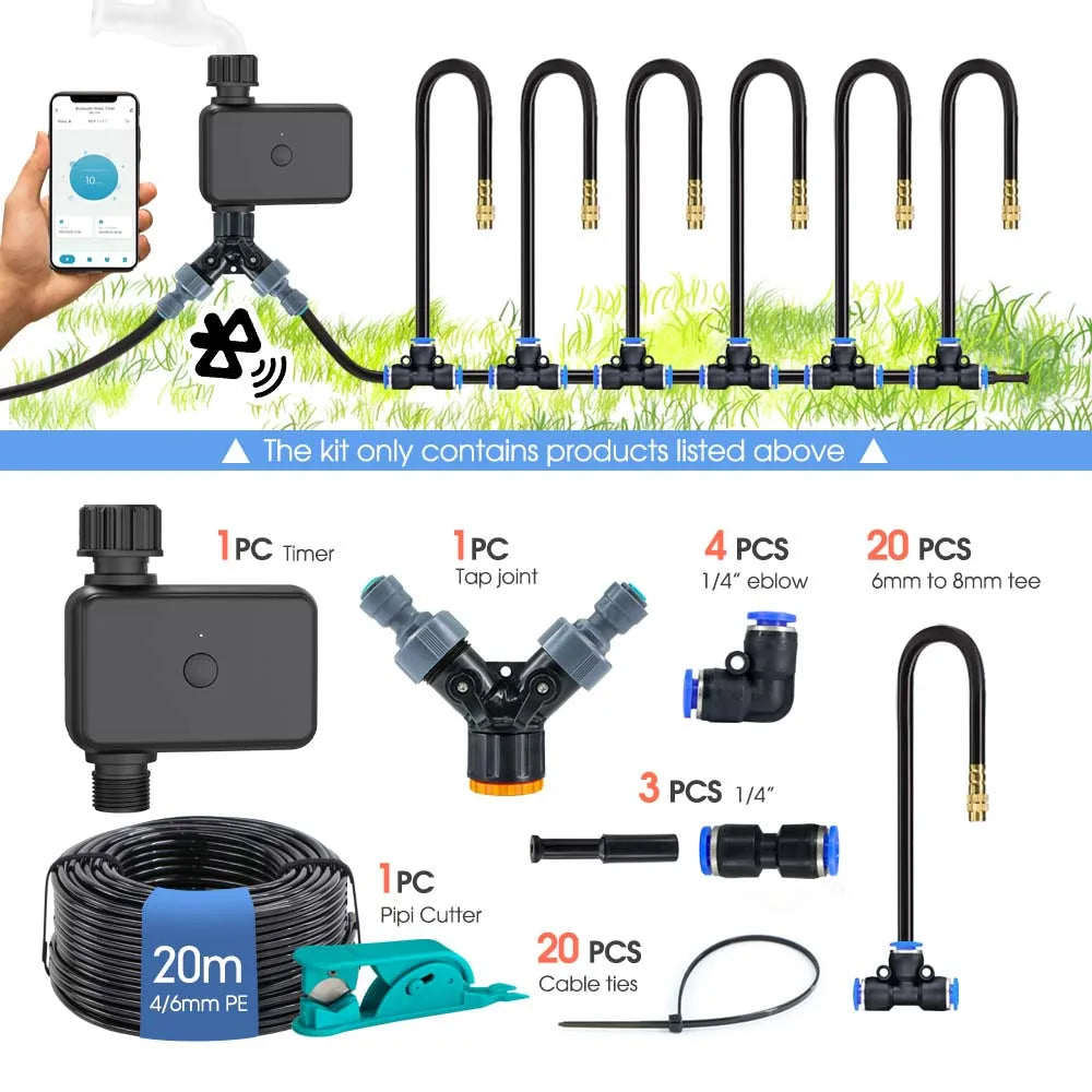 30-10m Garden Bluetooth Smart Single-channel Timer Irrigation Set Quick Connect 360° Adjust Adjustable Atomized Watering System