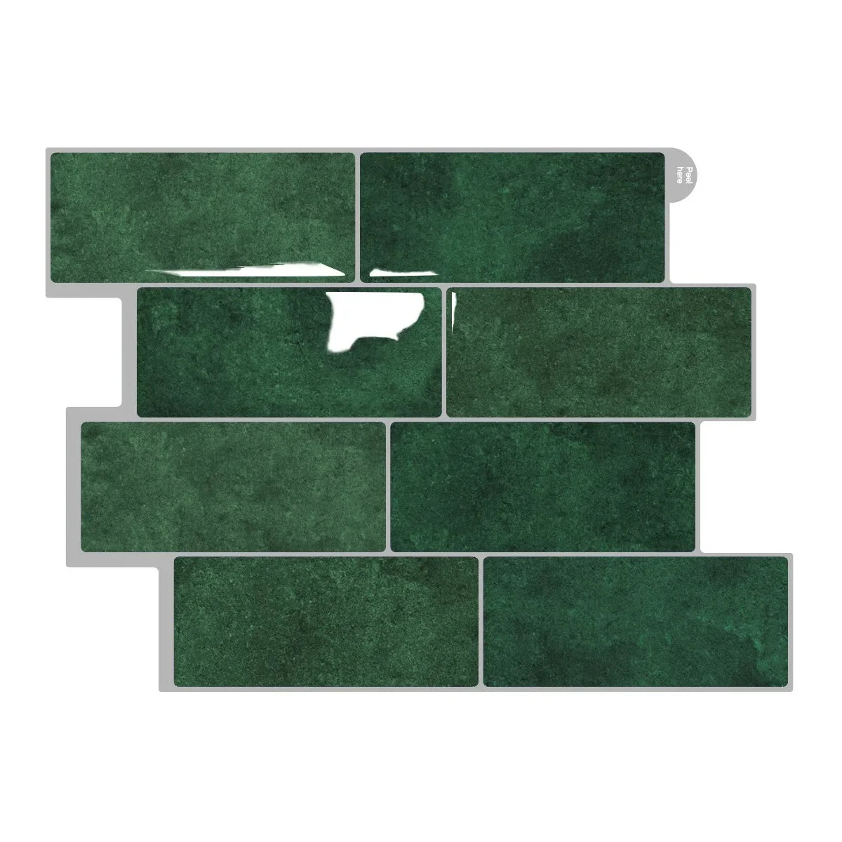 Peel-and-stick backsplash tiles set, rich green 3D rectangular bricks with white-bond cut edges