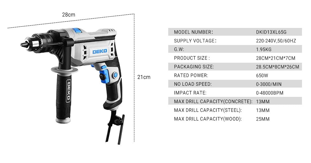 DEKO DKID13XL65G  professional grade impact drilll 220V, 2 Functions Drill Screwdriver Electric Tool Power Tool (DKID Series)