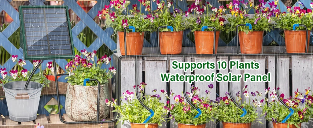 Solar drip irrigation tubing watering potted flowers with a waterproof solar panel
