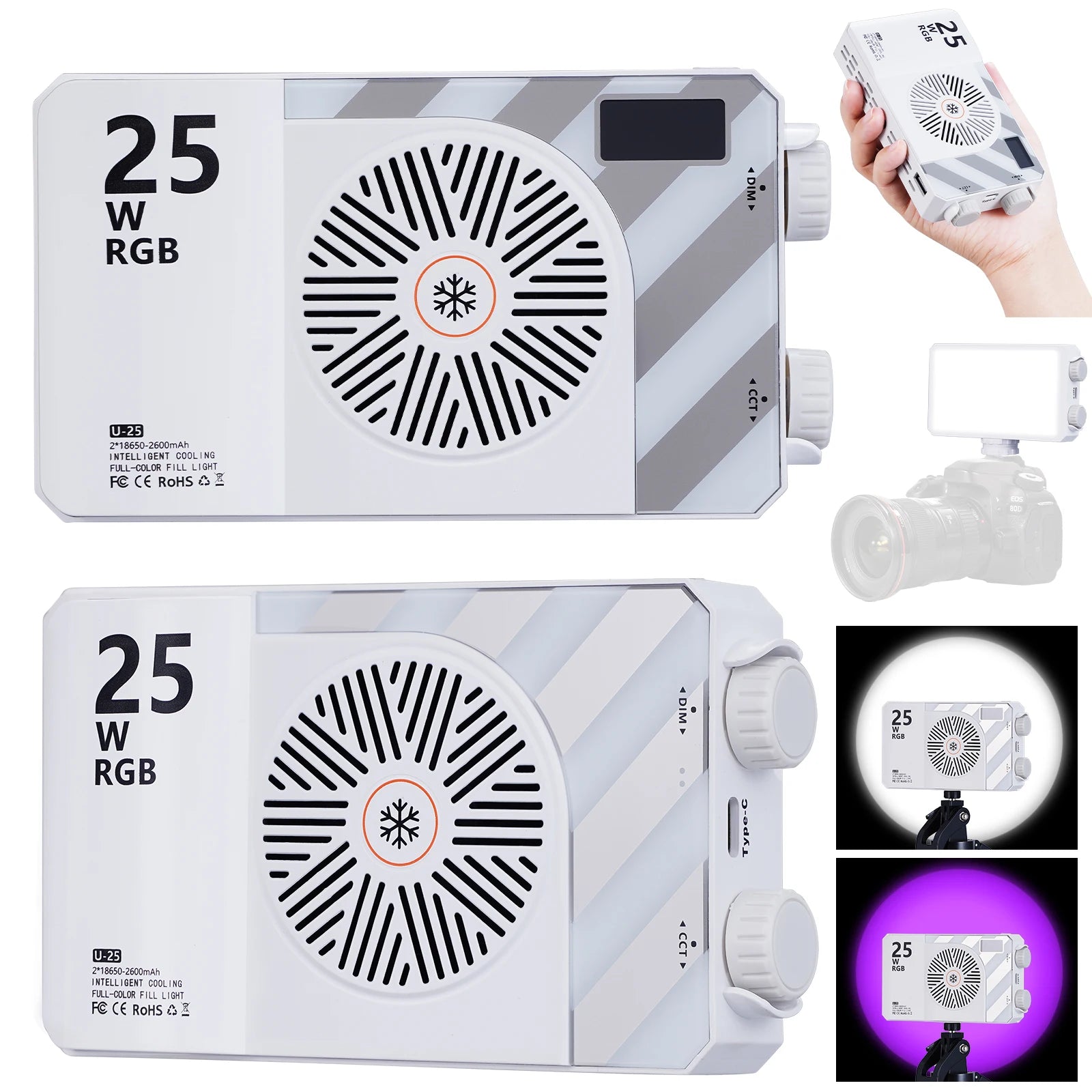 U-25 25W RGB LED video light in white, rectangular, with cooling fan, brightness/color dials, for camera photography.