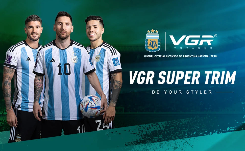 VGR Super Trim hair grooming promotional banner featuring Argentina National Team football players in official jerseys.
