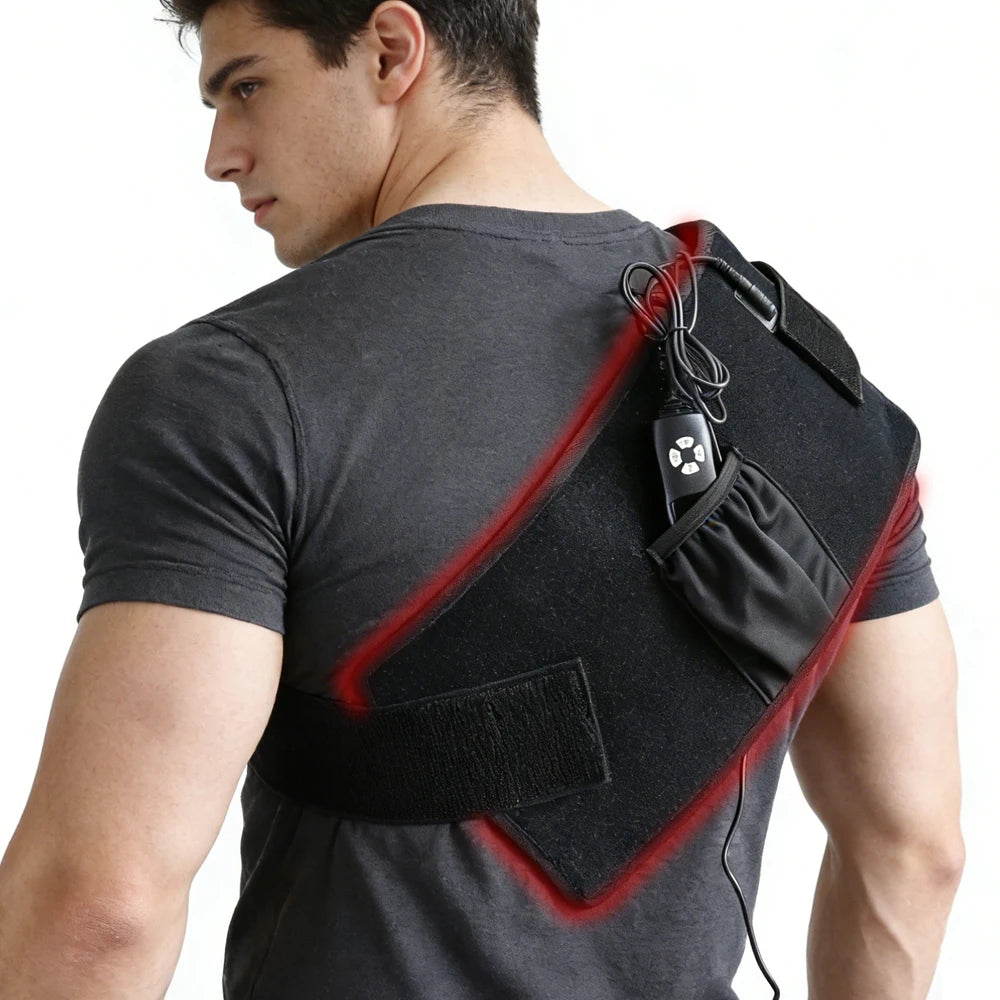 Black red light therapy waist belt with 120 LEDs, controller, and heat for back pain relief and body relaxation.