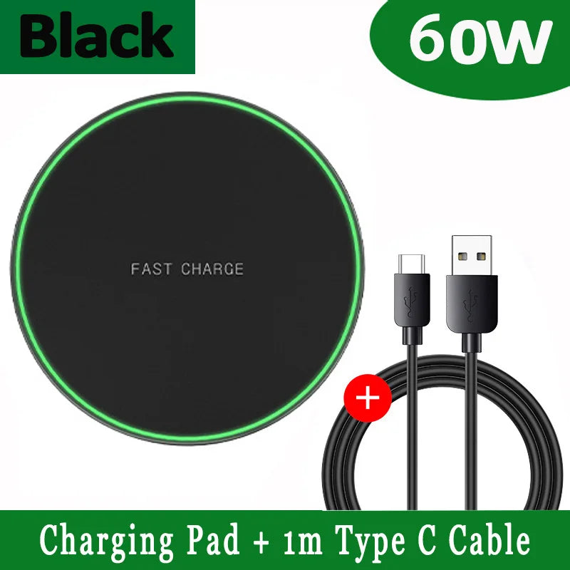 60W Fast Wireless Charging Dock - Qi Certified for iPhone and Samsung Black with Cable Tidesmit